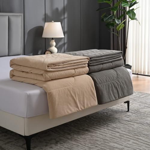 Alpaka-Samt-Steppdecke, ultraweiche, leichte, gewaschene Baumwolle, 152,4 x 228,6 cm, gemütliches Wende-Fleece, Gänsedaunen-Alternative, für alle Jahreszeiten, Taupe