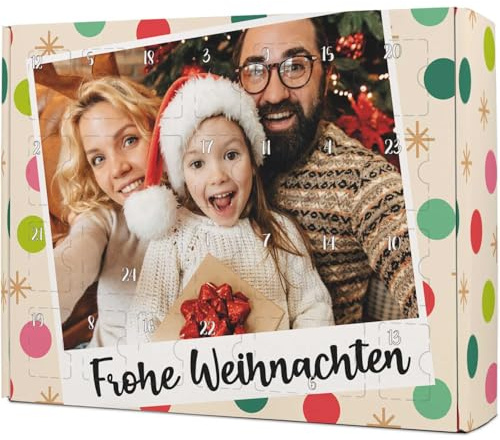 GRAVURZEILE – DIY Adventskalender zum Befüllen – Retro Foto – Weihnachtskalender Personalisiert mit eigenem Foto – 24 Fächer, Nikolaus & Heiligabend extra groß - Farbe: Bunt