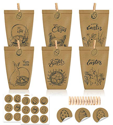 12 Stück Ostern Geschenktüten, Ostertüten mit Hasen, Osterhase Papiertüten Set für Osternest Dekoration und Mitgebsel, Ideal zum Befüllen mit Süßigkeiten, Basteln & Osterpartys