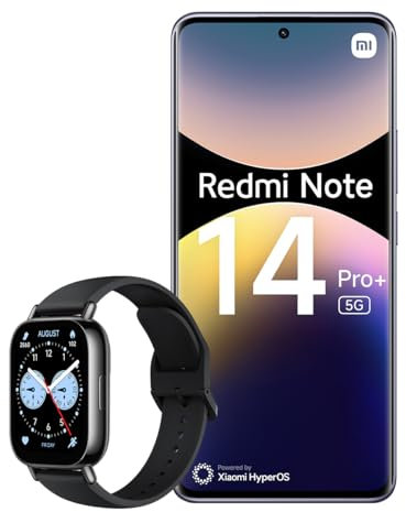 Xiaomi Smartphone Redmi Note 14 Pro+ 5G, 12+512GB, fotocamera AI di livello professionale da 200MP, IP68, HyperCharge da 120W, funzionalità AI (caricabatterie non incluso), Viola + Watch 5 Lite
