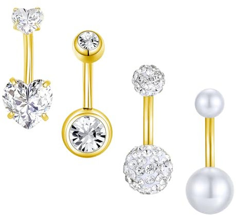 Besyvvin 4er Bauchnabelpiercing Gold 8mm Chirurgenstahl 14G Herz Piercing Bauchnabel Ring Bauchpiercing Damen