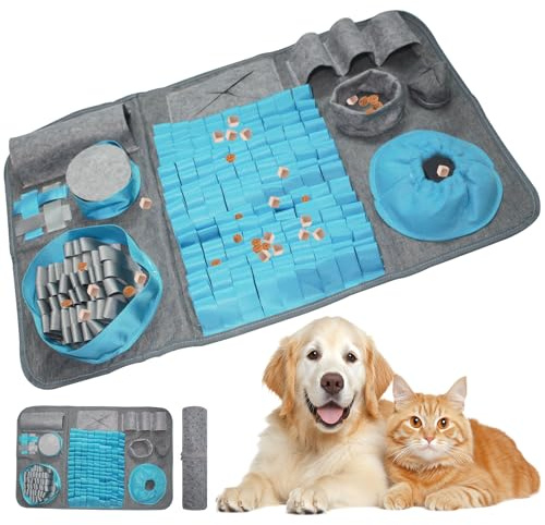 VKFOFEG Schnüffelteppich Hund, 66x42cm [10 VERSTECKE] Interaktives Intelligenzspielzeug für Hunde, Robustes Schnüffelmatte Hund, Waschbar Trainingsmatte, Hundespielzeug für Hunde Jeder Größ (Blau)