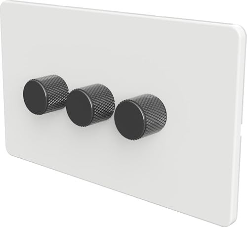 Flat Trailing Edge 2 Way LED Dimmer Switch Rotary Push On/Off for Dimmable LED and Halogen Lights - White/Grey 3-Gang
