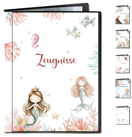 Minilino Zeugnismappe 20 Premium Klarsichthüllen A4 [SCHUTZ UND AUFBEWAHRUNG VON ZEUGNISSEN] Dokumentenmappe für Unterlagen in der Grundschule | Ordner für Zeugnisse (Meerjungfrau)