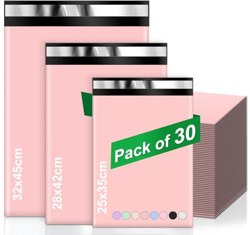 Wanxida 30 Pcs Pochette Envoie Colis Vinted(Rose 25x35cm, 28x42cm, 32x45cm) | Emballage Colis Vinted avec Ruban Auto-scellant, Enveloppe Plastique Expedition pour Les Petites Entreprises et Les Magasins