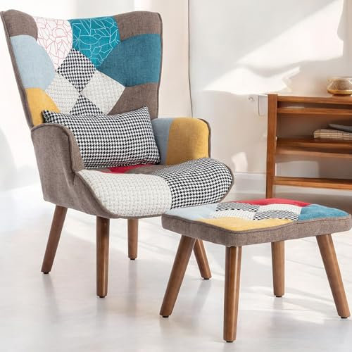 FurnitureR Bunte Patchwork Lehnstuhl mit Hocker, Gepolstert, Modernes Design, Platzsparende Möbel für Wohnzimmer und Büro