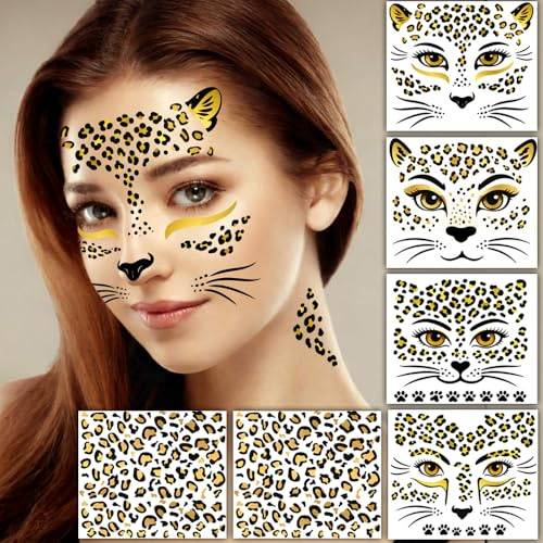 5 Stück Leoparden Tattoo Gesicht Sticker – Halloween Schminke Alternative, Leopard Gesichtstattoo & Aufkleber, Halloween-Accessoires für Karneval, Fasching & Kostüm Party (A)