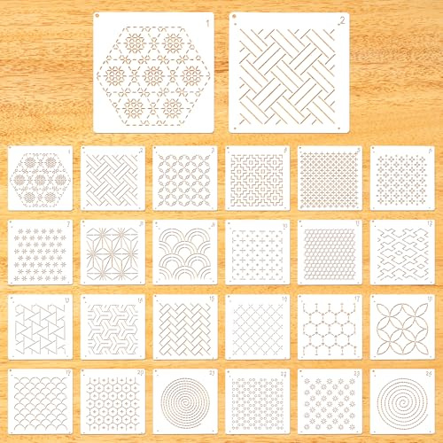 Evadollina 24 Stück Sashiko Stencil Set, Handquilten, Scrapbooking Handwerk Deko, Prägeschablonen, Weihnachten (4,72 x 4,72 Zoll)