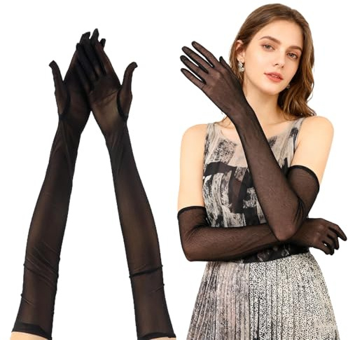 YAWYO Sheer schwarze Spitzenhandschuhe, Sexy lange schwarze Handschuhe für Damen, Braut, Hochzeit, Oper, Tanz, Tee-Party, Netz-Kostümzubehör