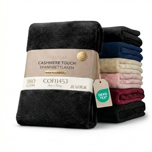 COFI1453 Teddy-Plüsch Spannbettlaken, Extra Dickes Winter Bettlaken (180 GSM), Edler Cashmere-Touch, rutschfest & Oeko-Tex, Für Boxspring & Topper (30-40cm Steg) (Schwarz, 180-200 x 200 cm)