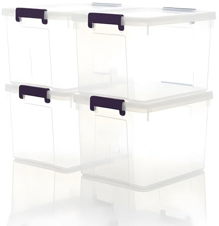 Homivo 4 x 50L Plastic Storage Boxes with Lids - Clear Stackable Boxes with Secure Buckle Latches, Large Storage Containers for Home Organisation, Wardrobe, Toys, Clothes & Garage Storage Solutions