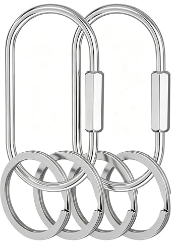 XCSJ Brass Screw Back Key Ring (Silver) | With key rings, oval carabiner hooks with screw cap for keys, car keys, bags, DIY accessories, 6 pieces