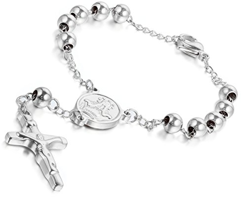 Cupimatch Damen Herren Religiöse Silber Ton Edelstahl Rosenkranz Wundertätige Medaille Kruzifix Kreuz Charme Link Kette Armband 21,8 cm