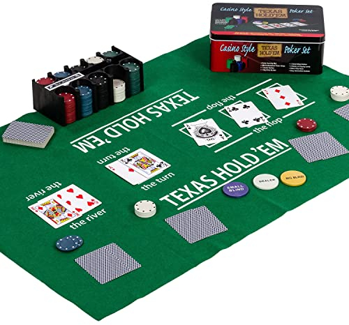 GAMES PLANET Pokerset in Metallbox, 200 Poker Chips, 2 Decks, Dealer Button, Small Blind, Big Blind, Spielmatte Texas Holdem