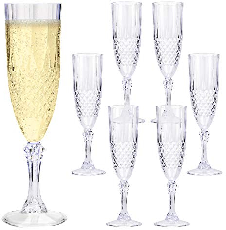 Taylor & Brown Clear Crystal Effect Plastic Highball Whiskey Wine Champagne Flute Glasses Drinks Cups Reusable for Parties, Weddings, Outdoor Events, BBQ and Picnics (6, Champagne Flute)