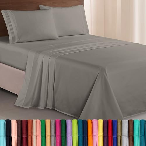 Elegant Comfort Luxurious 1500 Premium Hotel Quality Microfiber Three Line Embroidered Softest 4-Piece Bed Sheet Set, Wrinkle and Fade Resistant, Queen, Gray