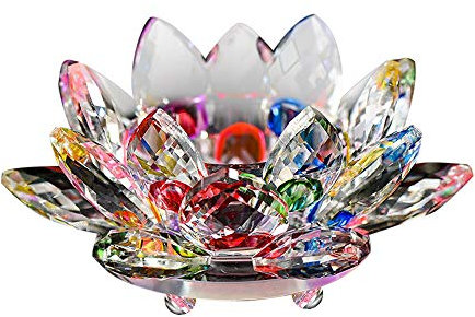 FJROnline Kristall-Kerzenhalter – Glas-Lotusblüte, Teelichthalter, buddhistischer Kerzenständer mit Geschenkbox (bunt)