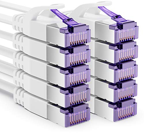 deleyCON 10x 0,5m Plano CAT7 Cable de Red (CAT 7 con 10 Gbit/s) Gigabit LAN - RJ45 Ethernet Corto Cable de Conexión Plano - para Internet Conmutador Enrutador Módem Panel de Conexiones - Blanco