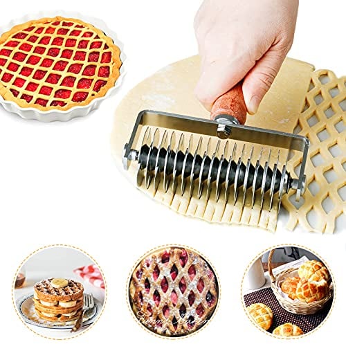 Cortador de rodillos de enrejado de masa de acero inoxidable Herramienta para hornear Pastel de galletas Pizza Pan Pastry Corteza Roller Cutter con mango de madera