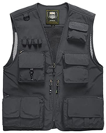 DAIHAN Men's Sports Multi-Pockets Utility Vest Waistcoat Gilet Outdoor Quick Dry Safari Fishing Photography Casual Vest Jacket Sleeveless Jacket Waistcoat Windproof Gilet Top,Grey,S