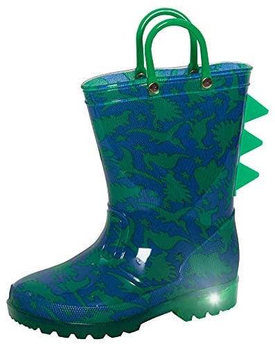ScruffyTed Stivali da pioggia con dinosauri illuminati per bambini con manici e luci lampeggianti per ragazze Dino stivali da pioggia, blu verde, 28 EU