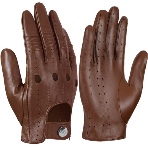 GSG Herren Fahrhandschuhe aus echtem Leder Ungefütterte Touchscreen-Handschuhe aus Schaffell Lederhandschuhe Braun Medium