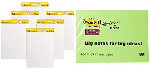 Post-it Pack promo : Paperboard repositionnable pour chevalet Meeting Charts - Lot de 4 +2 gratuits & Super Sticky Notes repositionnables - 203x152mm - Multicolore (Néon Assorties) - Lot de 4 blocs