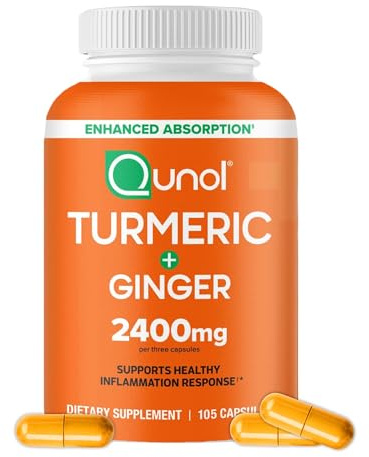 Qunol Turmeric Curcumin with Black Pepper & Ginger, 2400mg Turmeric Extract with 95% Curcuminoids, Extra Strength Supplement, Enhanced Absorption, Joint Support Supplement, 105 Count
