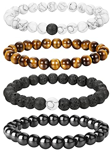 Adramata 4 Stück Herren Armbander Damen Perlen Armband Yoga Armband Naturstein Armband Tigerauge Stretch Armbänder Angst Armbander für Herren Damen Geschenk für Herren