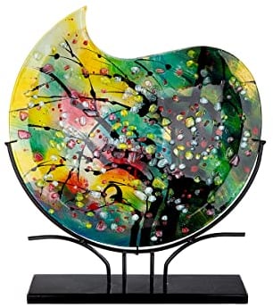 GILDE GLAS art Deko Vase rund - handbemalt - auf schwarzem Metallfuß - Höhe 50 cm, Mehrfarbig, 39298