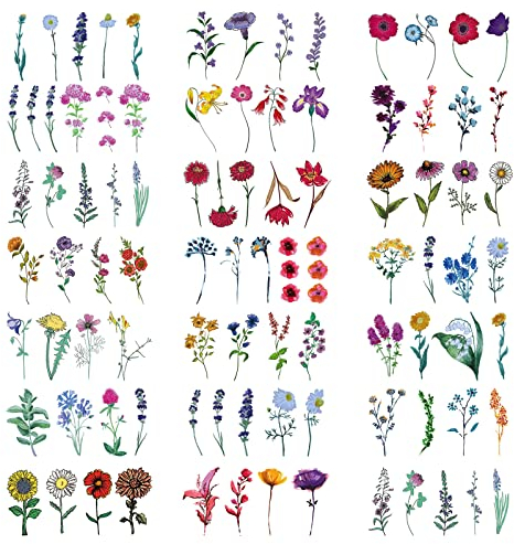 TSHAOUN 20 Blätter Bunte Kleine Blume Temporäre Tattoos, Lavendel Lilie Sonnenblumen Blumen Zweige Fake Tattoos für Gesicht, Hals, Arme, Füße, Kinder, Erwachsene, 85 Muster Insgesamt (Colorful)