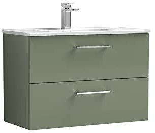 nuie ARN826B Arno Modern Bathroom Wall Hung 2 Drawer Vanity Unit with Minimalist Ceramic Basin, 800mm, Satin Green