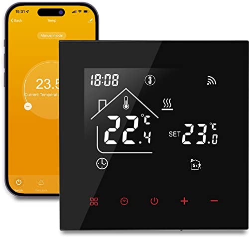 Thermostat Fussbodenheizung Smart für Wasser Fußbodenheizung, Beok WiFi Raumthermostat Thermostate Heizung Digital Programmierbar Kompatibel Alexa, Google Home 3A 230V TDR89B-WIFI-WP Schwarz