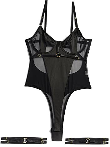 Aranmei Body pour femme avec haut sexy à armatures avec entrejambe à boutons-pression et bretelles de jambe et string, Noir , XL