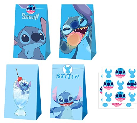 Stitch Geschenktüten,12 Stücke Stitch Papiertüten,Bunte Geschenktüten Candy Tüten mit 12 Aufkleber zum Verpacken von Geschenken,Giveaways,Kindergeburtstag,Hochzeit,Party