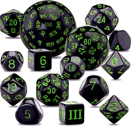 DollaTek Set completo di dadi poliedrici D3-D100, 15 pezzi, per giochi di ruolo, da tavolo, nero e verde