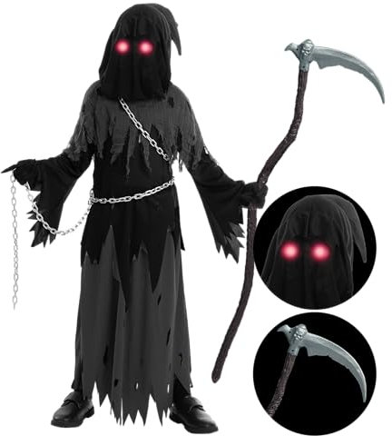 Spooktacular Creations Sensenmann Kostüm für Kinder Sensenmann Halloween Kostüm Jungen Grim Reaper Boy Costume Cosplay Outfit Halloween Party XXL 14-16 Jahre