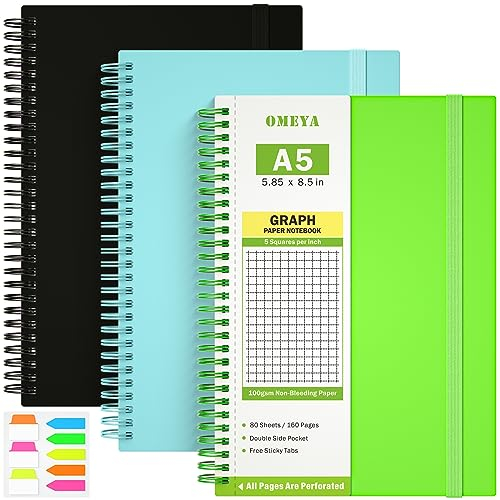 Graph Paper Notebook, 3 Pack Spiral Notebook Journal with Pockets, A5 Grid Notebook, 480 Perforated Pages 100gsm Thick Grid Paper, Cute Notebook for School Supplies Office, 5.8 x 8.5