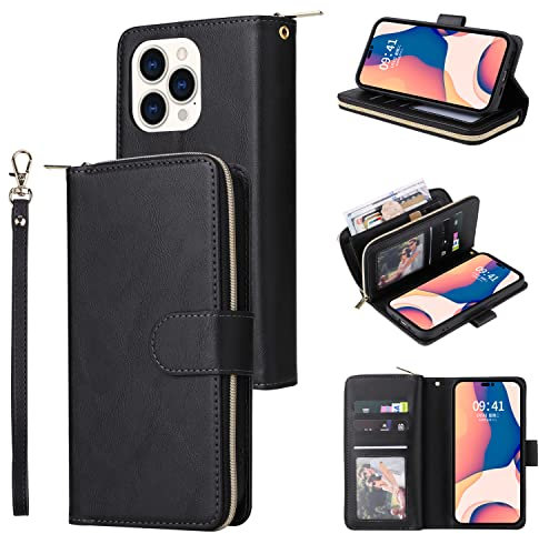 For iPhone 13 Pro Max Case 9 Card Holder Zipper Bag with Strap Shockproof Leather Flip Wallet Handbag Zip Pocket Phone Cover Stand Folio Magnetic Purse for iPhone 13 Pro Max Black