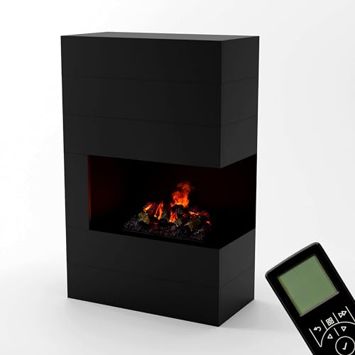 GLOW FIRE Wasserdampf Kamin TUCHOLSKY rechts (Standkamin) - Elektrokamin mit realistischen LED 3D-Flammen, Knistereffekt & Fernbedienung, 90x140 cm - Opti-Myst 500 Elektro Kamin mit Holz-Deko, Schwarz