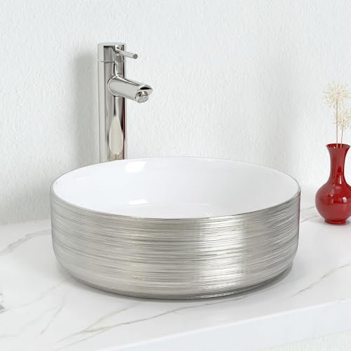J-FAMILY Bathroom Countertop Ceramic Vessel Sink Vanity Artistic Wash Basin Brushed Texture Silver Decoration Round Sink Bowl,14.2''