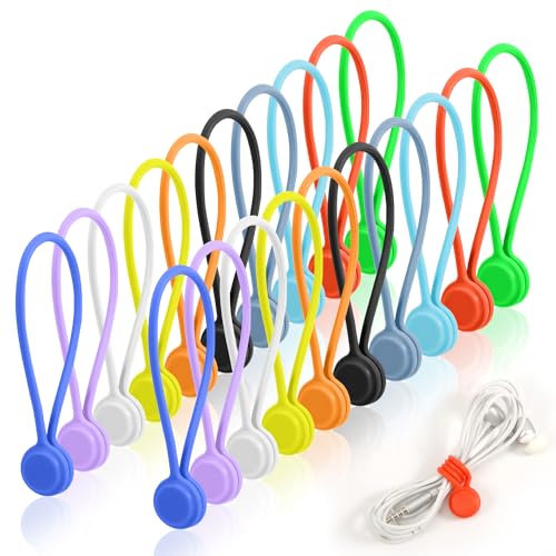 XIHIRCD 20pcs Magnetic Cable Ties Reusable, Snap on Magnetic Cable Ties 10 Colors Silicone Magnetic Ties Strap Twist Cords Organizers for Home Office Bundling & Organizing Fridge Cable Manager Keeper