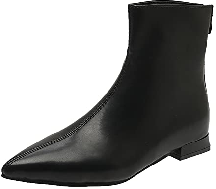 OCCOKO Moda donna pelle artificiale tinta unita autunno suola spessa tacchi quadrati cerniera stivaletti scarpe a punta Stivali Da compatible with Moto (Black, 37)
