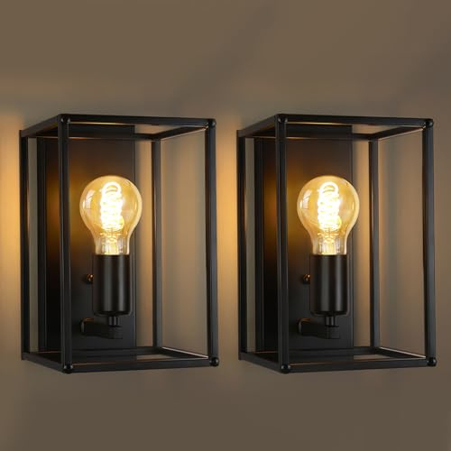 Homefire Wandleuchte Innen Wandlampe Schwarz - 2ER Wandbeleuchtung Vintage Schlafzimmer Treppenhaus Beleuchtung Retro Flurlampe E27 Metall Industrial Style für Wohnzimmer Küche - Ohne Glühbirne
