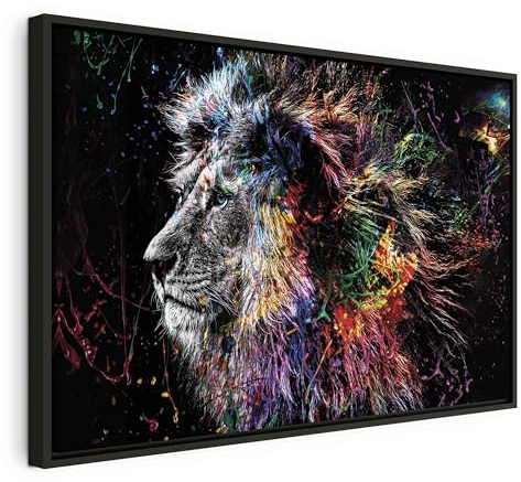 murando Bilder mit Rahmen 120x80 cm Wandbilder groß Leinwandbild XXL schwarzer Holzrahmen modern Wanddekoration Kunstdruck Wanddeko Wohnzimmer Schlafzimmer Tiere Löwe bunte Kopf Gesicht Abstrakt