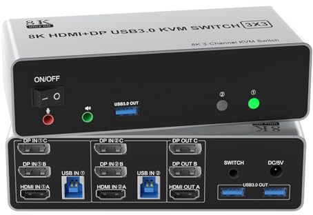 8K@60Hz HDMI +2 Displayport USB 3.0 KVM Switch 3 Monitore 2 Computer, DP 1.4 +HDMI 2.1 KVM Switch Triple Monitor mit Audio-Mikrofon-Ausgang und 3 USB3.0 Anschlüssen, Triple Monitor Switch