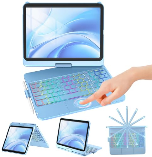 KBCASE Bluetooth Tastatur Schutzhülle für iPad 10. Gen 2022 10,9 Zoll, iPad 11. Gen 2025 A16 11 Zoll, mit Touchpad, QWERTZ, 360°-Drehung, 7-Farbige Hintergrundbeleuchtung (Ozeanblau)