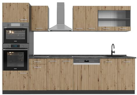 Vicco Küchenzeile R-Line, Artisan Eiche/Anthrazit, 300 cm mit Hochschrank, ohne Arbeitsplatte