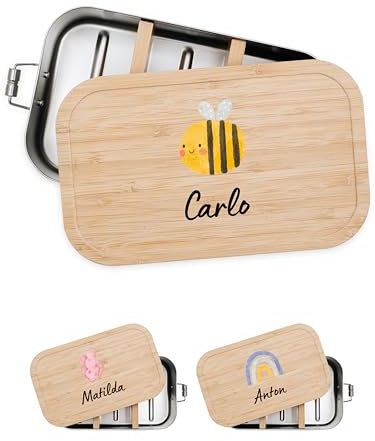Bärenfreunde® - Personalisierte Brotdose für Kinder mit Spezial-Druck - Robuste Edelstahl Brotdose - Personalisierte Geschenke für Kinder & Erwachsene (Biene gelb,klein Weißblech)