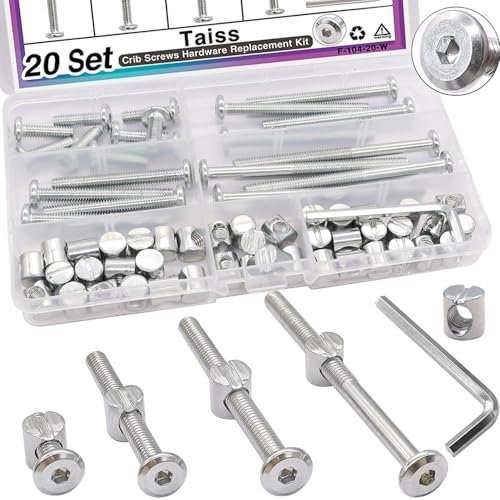 Taiss 20 ensembles de vis de lit de bébé M6x20mm/40mm/60mm/80mm Kit de remplacement de matériel de vis de lit de bébé, boulons de vis hexagonaux à l'intérieur avec écrou de tête ronde/clé hexagonale